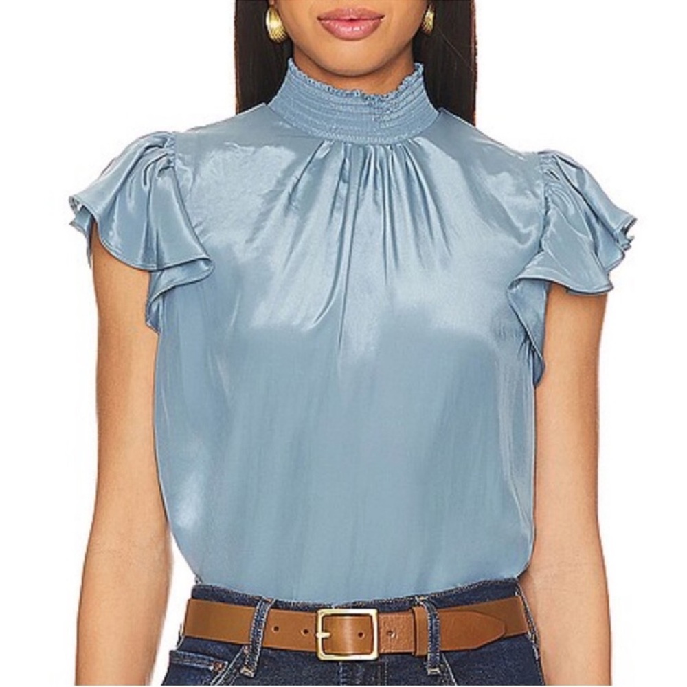 1. STATE Smocked Turtle Neck Blue Ruffle Sleeve Top